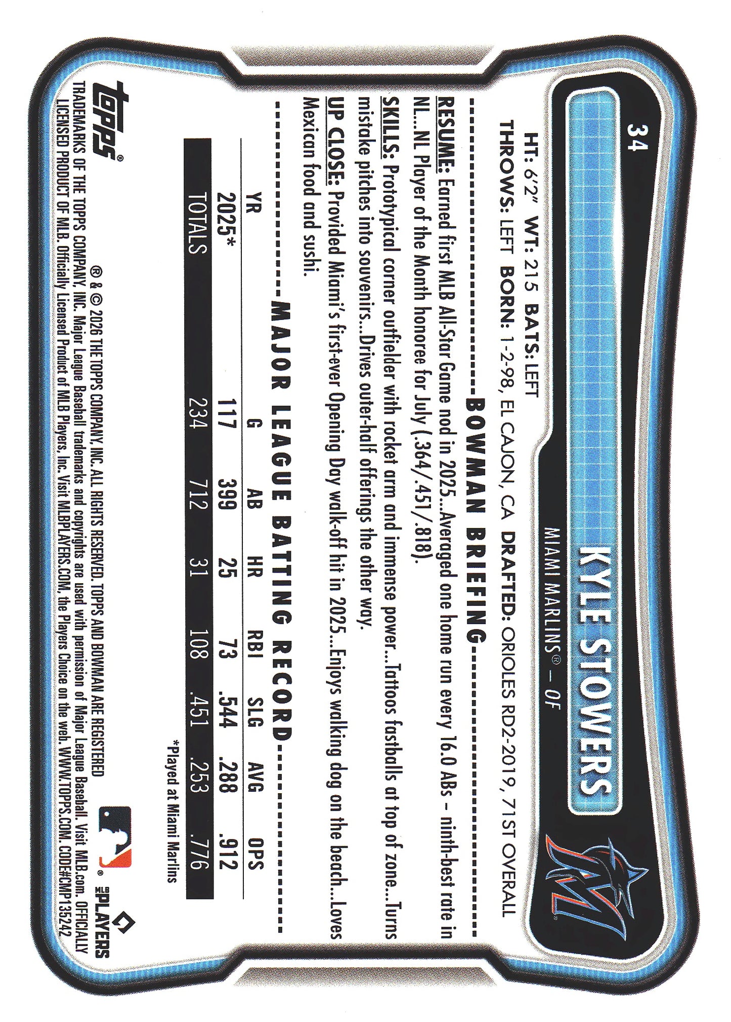 2026 Topps Bowman Green /399 Kyle Stowers #34 Miami Marlins