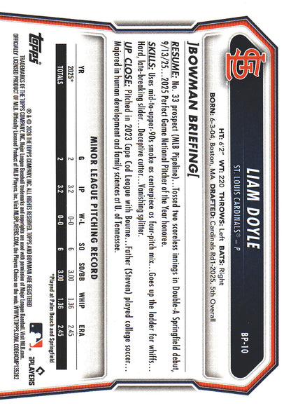 2026 Topps Bowman Prospects Pink /175 Liam Doyle #BP-10 St. Louis Cardinals
