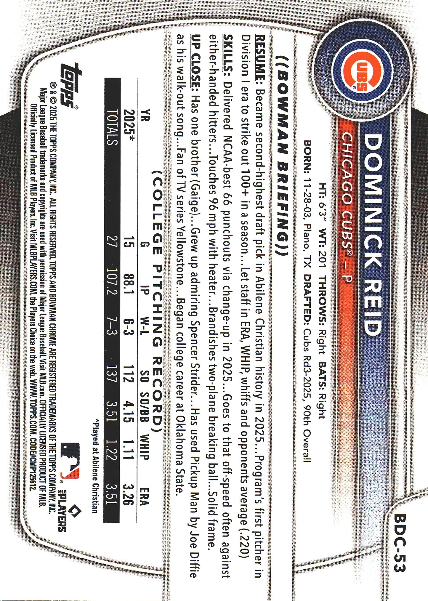 2025 Topps Bowman Draft Chrome Aqua /125 Dominik Reid #BDC-53 Chicago Cubs