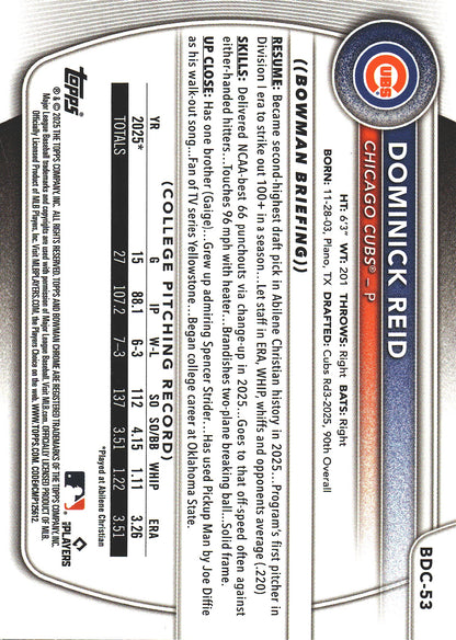 2025 Topps Bowman Draft Chrome Aqua /125 Dominik Reid #BDC-53 Chicago Cubs