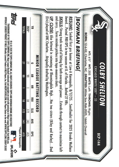 2026 Topps Bowman Chrome Purple /250 1st Colby Shelton #BCP-144 Chicago White Sox