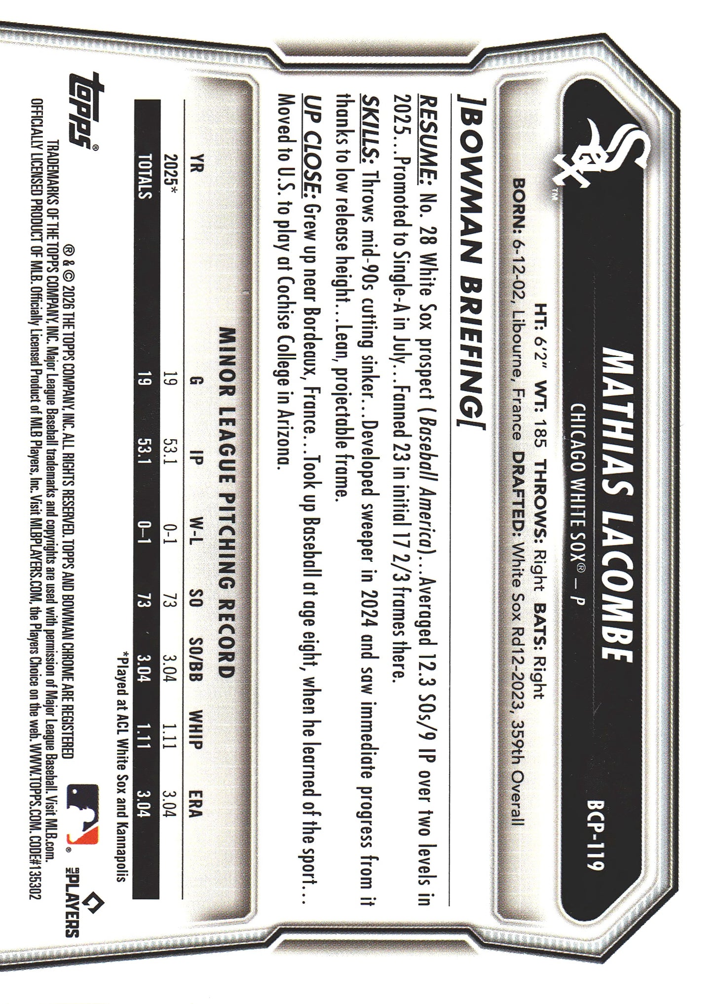 2026 Topps Bowman Chrome Purple /250 1st Mathias Lacombe #BCP-119 Chicago White Sox