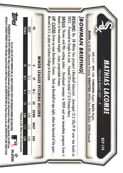 2026 Topps Bowman Chrome Purple /250 1st Mathias Lacombe #BCP-119 Chicago White Sox