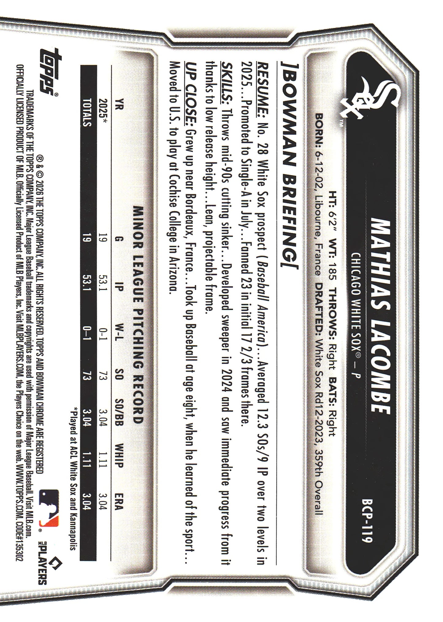 2026 Topps Bowman Chrome Aqua /125 1st Mathias Lacombe #BCP-119 Chicago White Sox