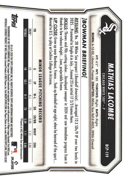 2026 Topps Bowman Chrome Aqua /125 1st Mathias Lacombe #BCP-119 Chicago White Sox