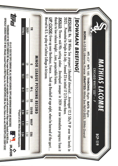 2026 Topps Bowman Chrome Yellow /75 1st Mathias Lacombe #BCP-119 Chicago White Sox