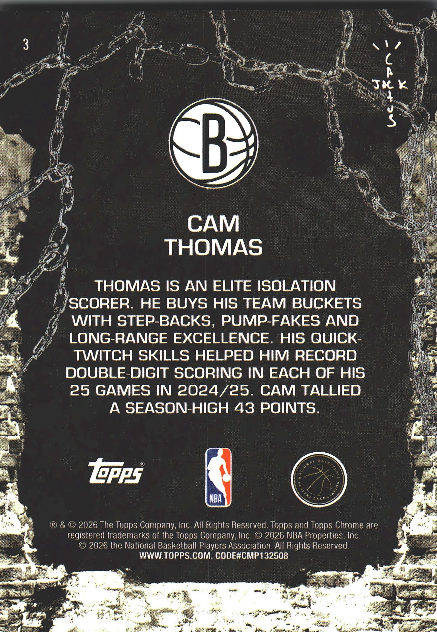 2025 Topps Chrome Cactus Jack Cam Thomas #3 Brooklyn Nets