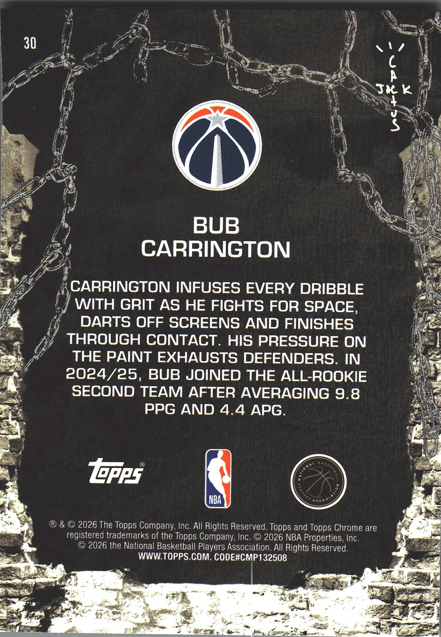 2025 Topps Chrome Cactus Jack Bub Carrington #30 Washington Wizards