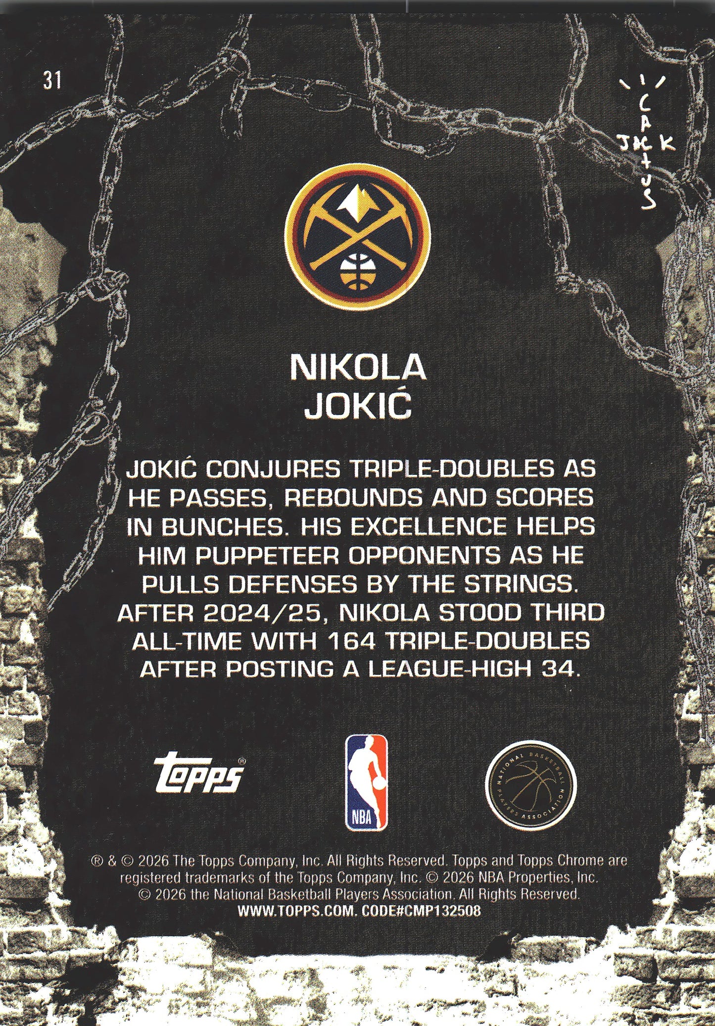2025 Topps Chrome Cactus Jack Nikola Jokić #31 Denver Nuggets