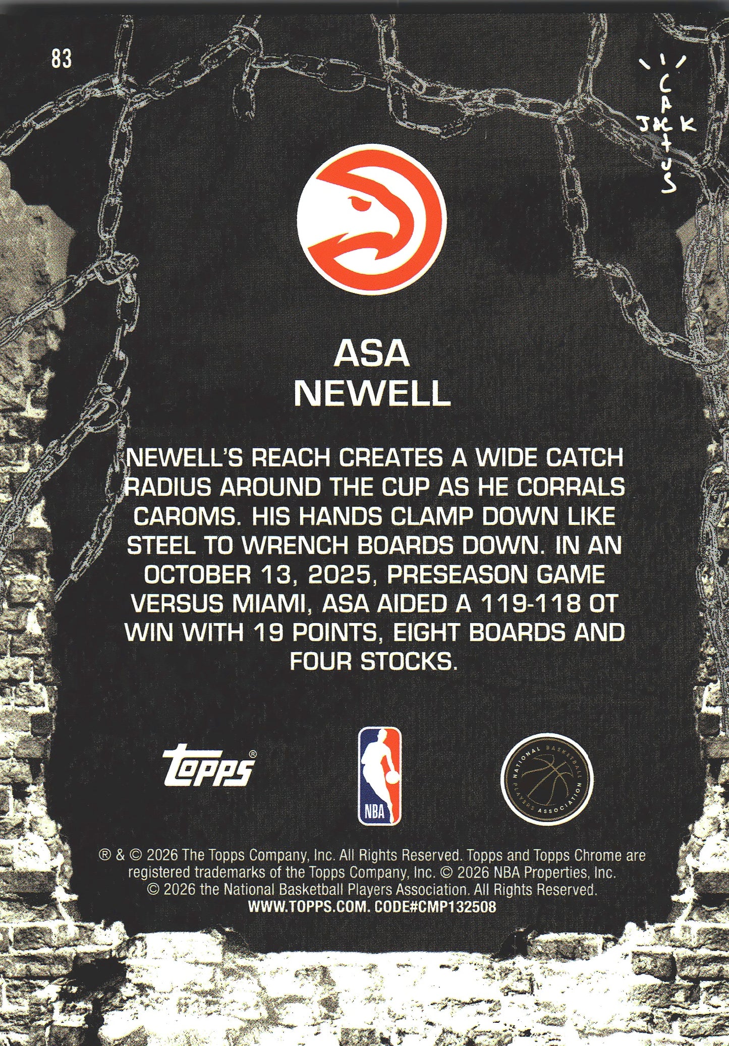 2025 Topps Chrome Cactus Jack Asa Newell RC #83 Atlanta Hawks