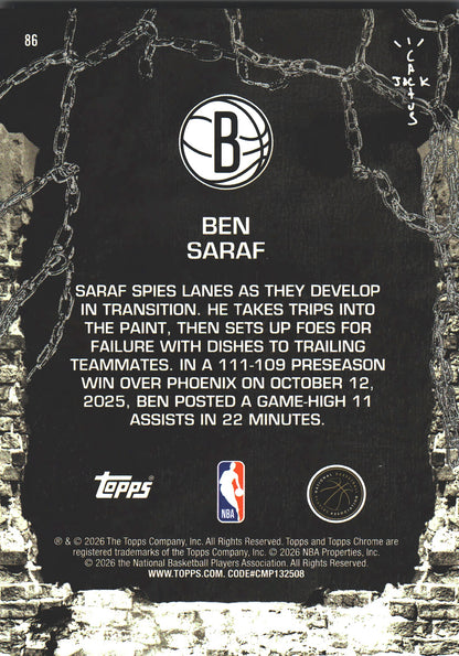 2025 Topps Chrome Cactus Jack Ben Saraf RC #86 Brooklyn Nets