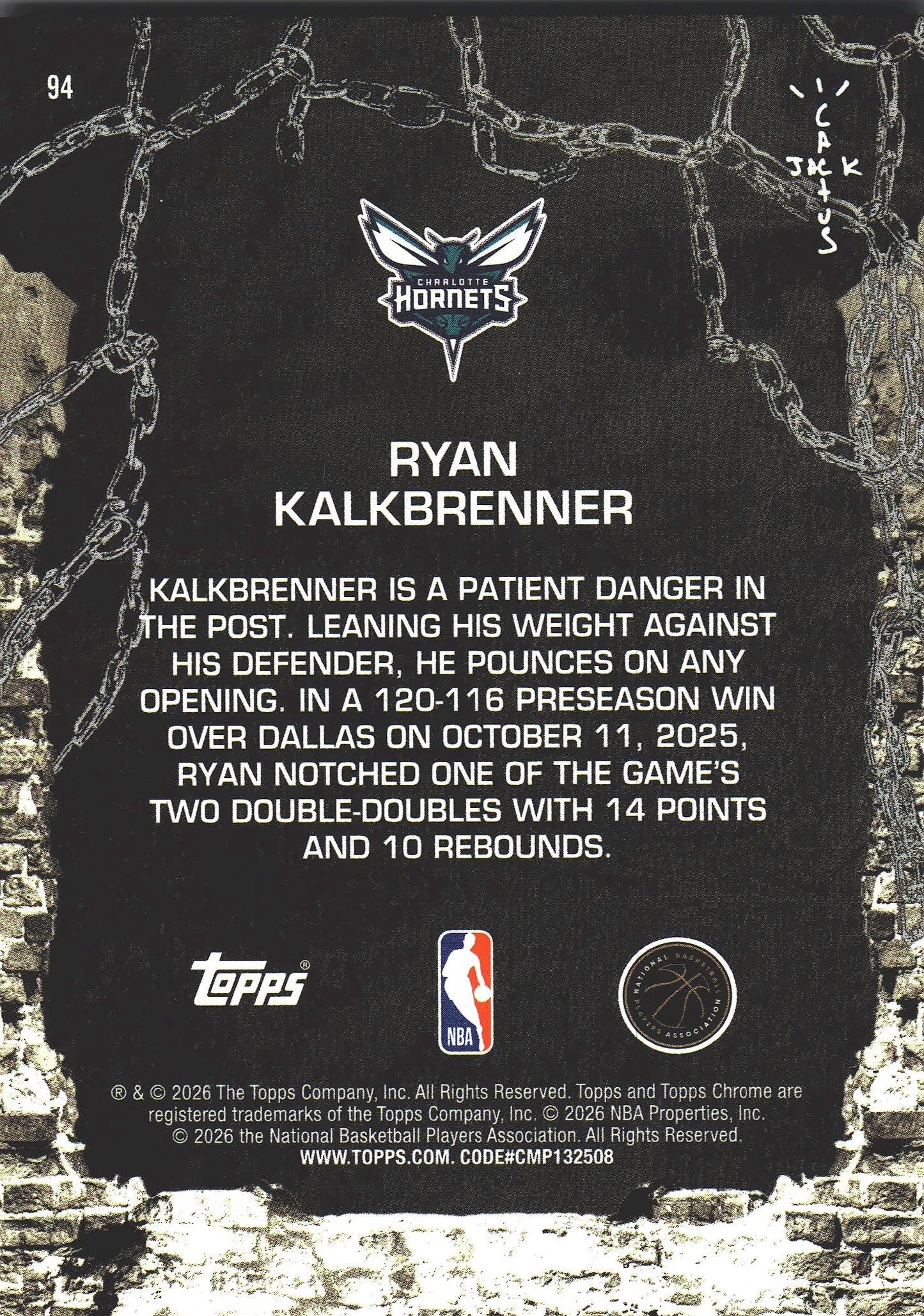 2025 Topps Chrome Cactus Jack Ryan Kalkbrenner RC #94 Charlotte Hornets