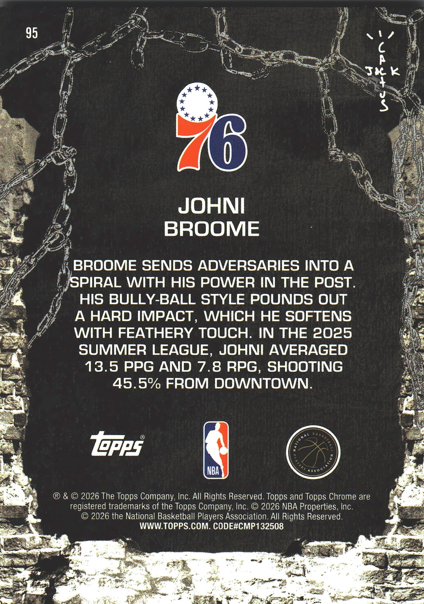 2025 Topps Chrome Cactus Jack Johni Broome RC #95 Philadelphia 76ers