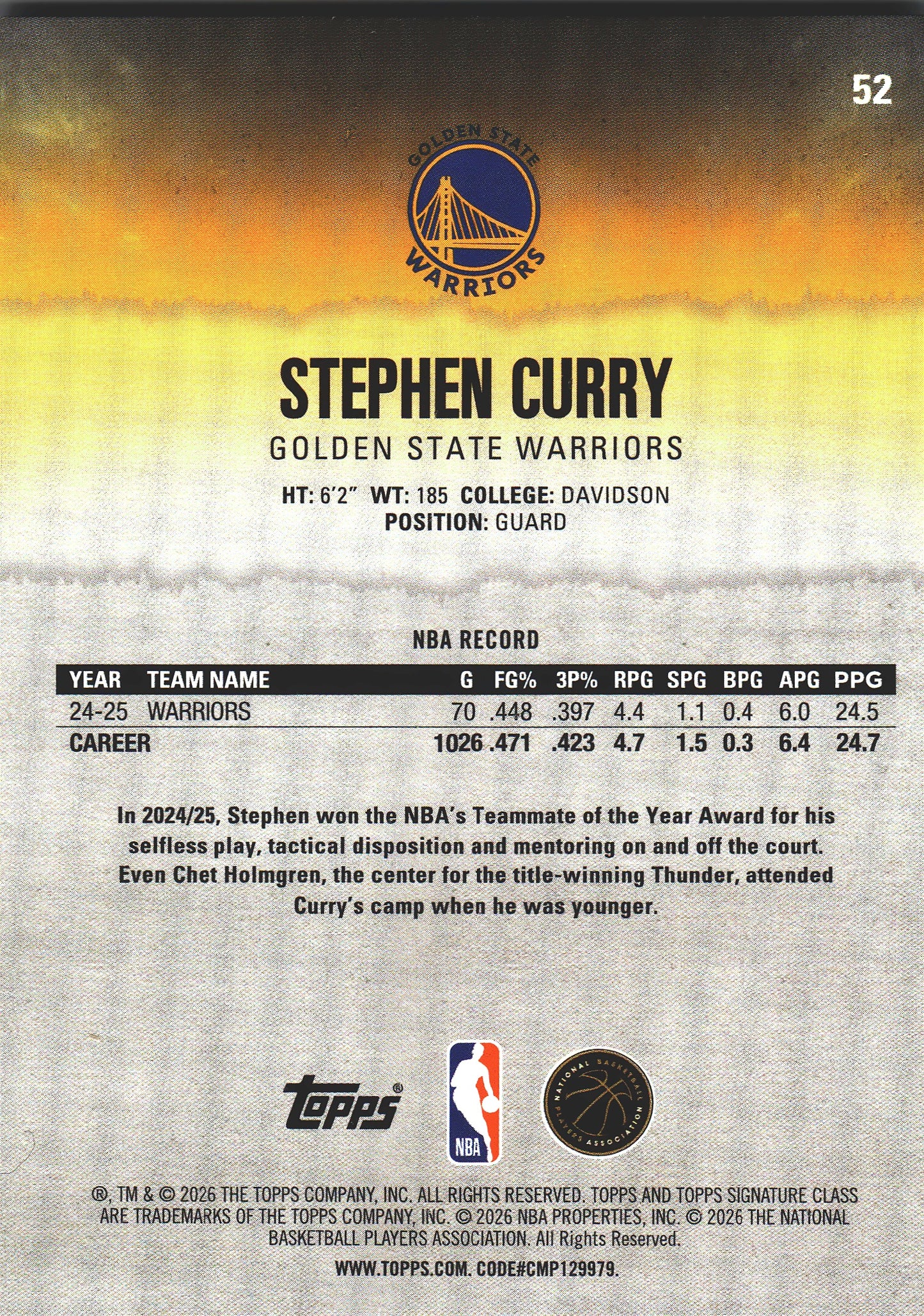 2025 Topps Signature Class Stephen Curry #52 Golden State Warriors