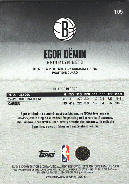 2025 Topps Signature Class Egor Dëmin RC #105 Brooklyn Nets