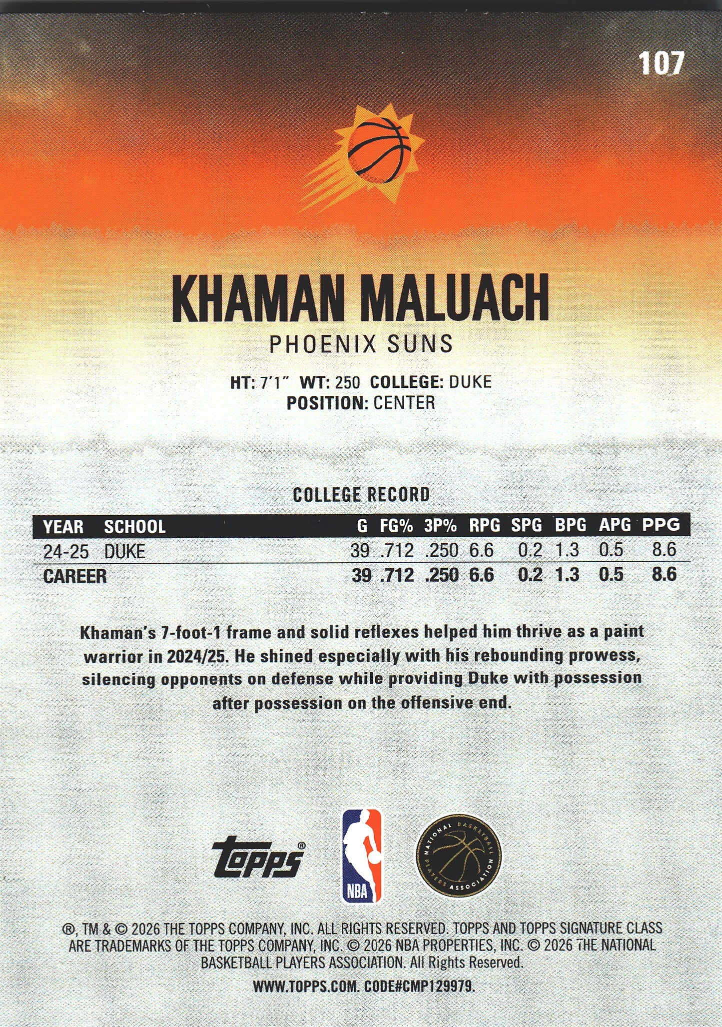 2025 Topps Signature Class Khaman Maluach RC #107 Phoenix Suns