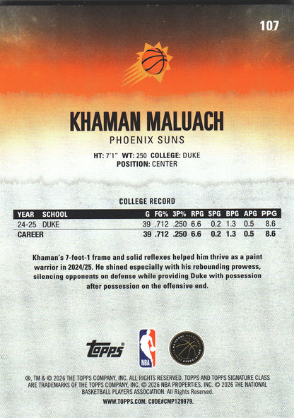 2025 Topps Signature Class Khaman Maluach RC #107 Phoenix Suns