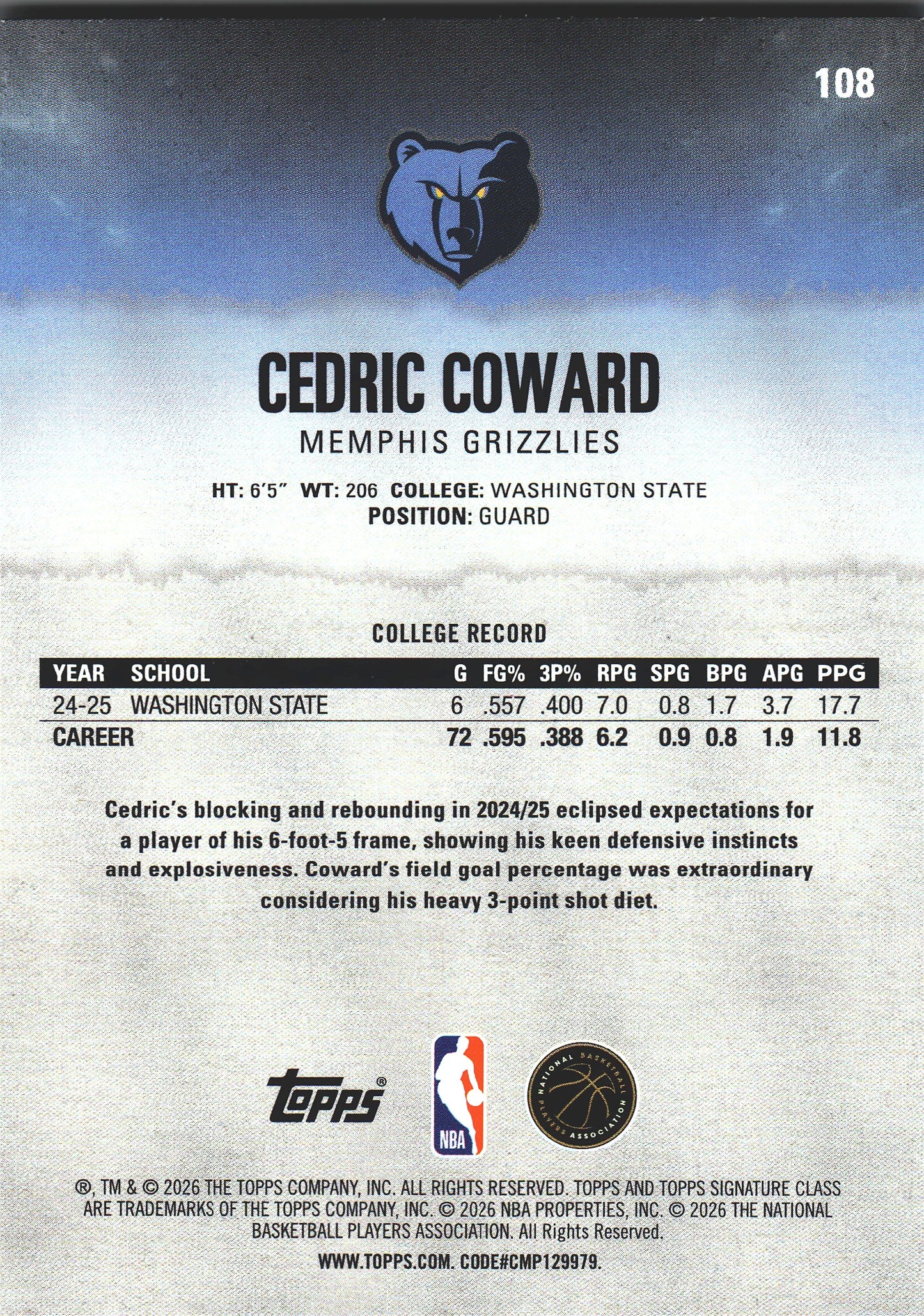 2025 Topps Signature Class Cedric Coward RC #108 Memphis Grizzlies