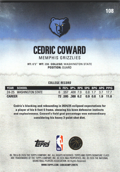 2025 Topps Signature Class Cedric Coward RC #108 Memphis Grizzlies