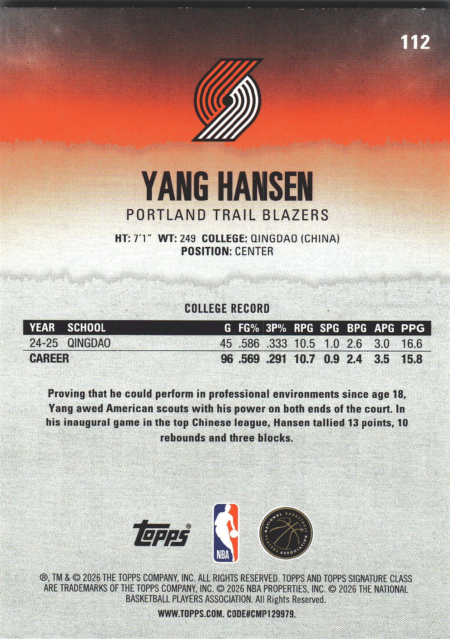 2025 Topps Signature Class Yang Hansen RC #112 Portland Trail Blazers
