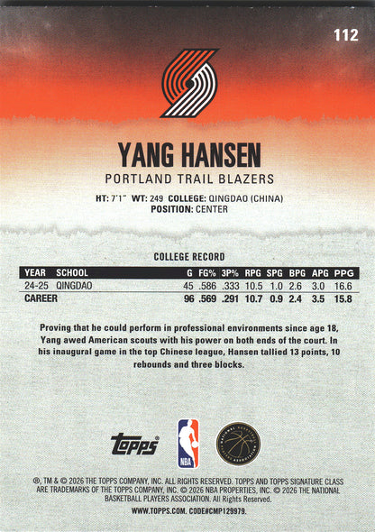 2025 Topps Signature Class Yang Hansen RC #112 Portland Trail Blazers