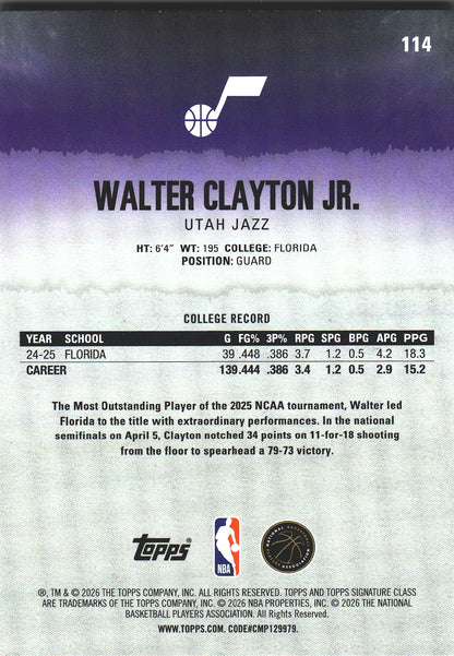 2025 Topps Signature Class Walter Clayton Jr. RC #114 Utah Jazz