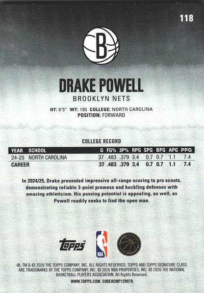 2025 Topps Signature Class Drake Powell RC #118 Brooklyn Nets