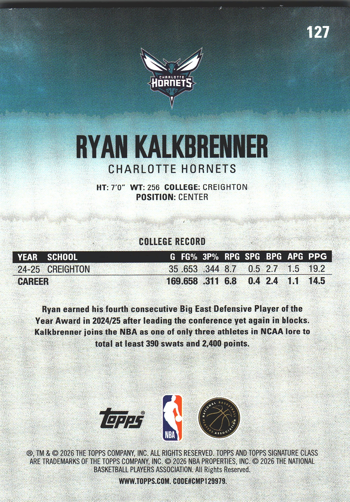 2025 Topps Signature Class Ryan Kalkbrenner RC #127 Charlotte Hornets