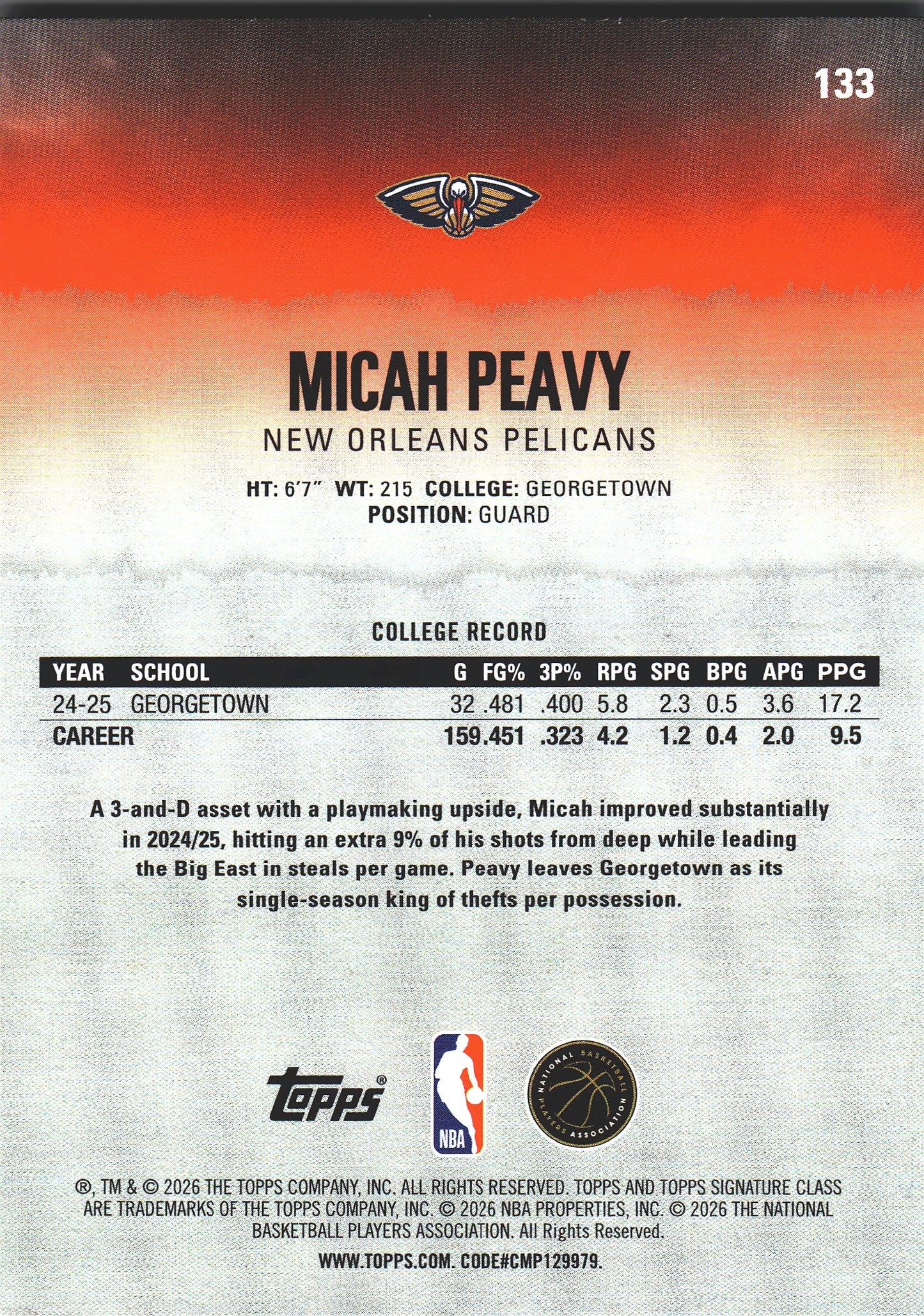 2025 Topps Signature Class Micah Peavy RC #133 New Orleans Pelicans