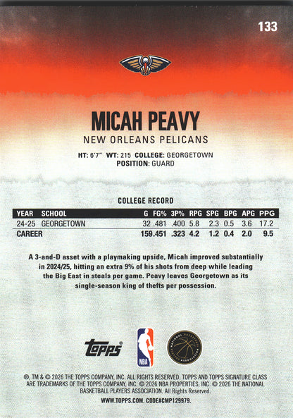 2025 Topps Signature Class Micah Peavy RC #133 New Orleans Pelicans