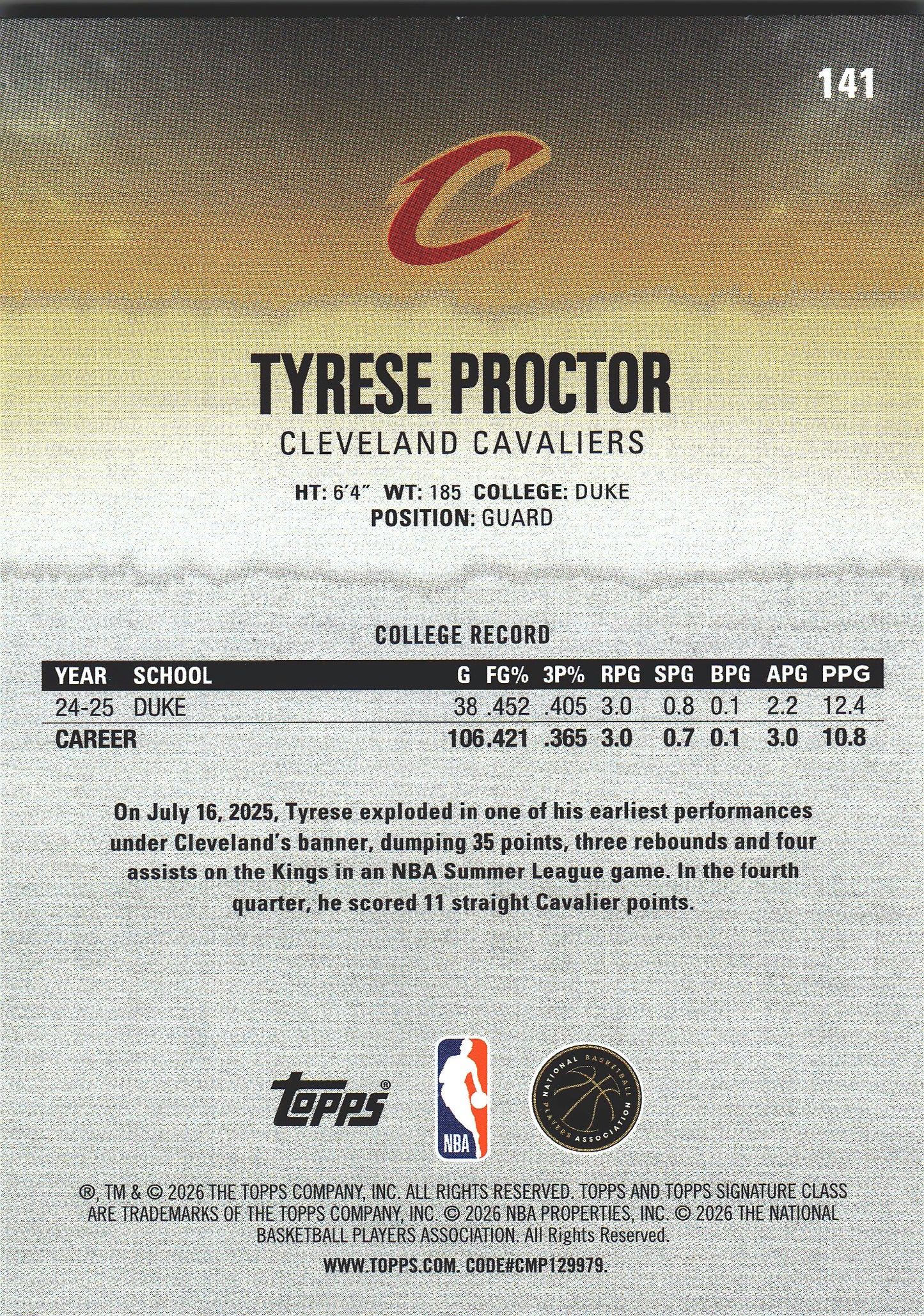 2025 Topps Signature Class Tyrese Proctor RC #141 Cleveland Cavaliers
