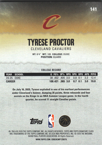 2025 Topps Signature Class Tyrese Proctor RC #141 Cleveland Cavaliers
