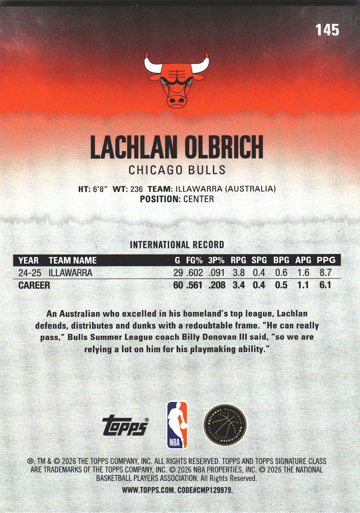 2025 Topps Signature Class Lachlan Olbrich RC #145 Chicago Bulls