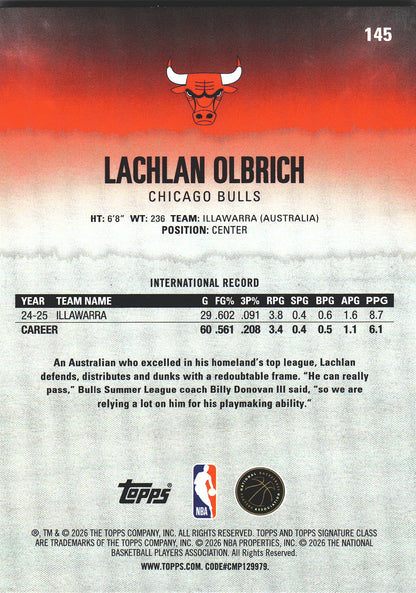 2025 Topps Signature Class Lachlan Olbrich RC #145 Chicago Bulls