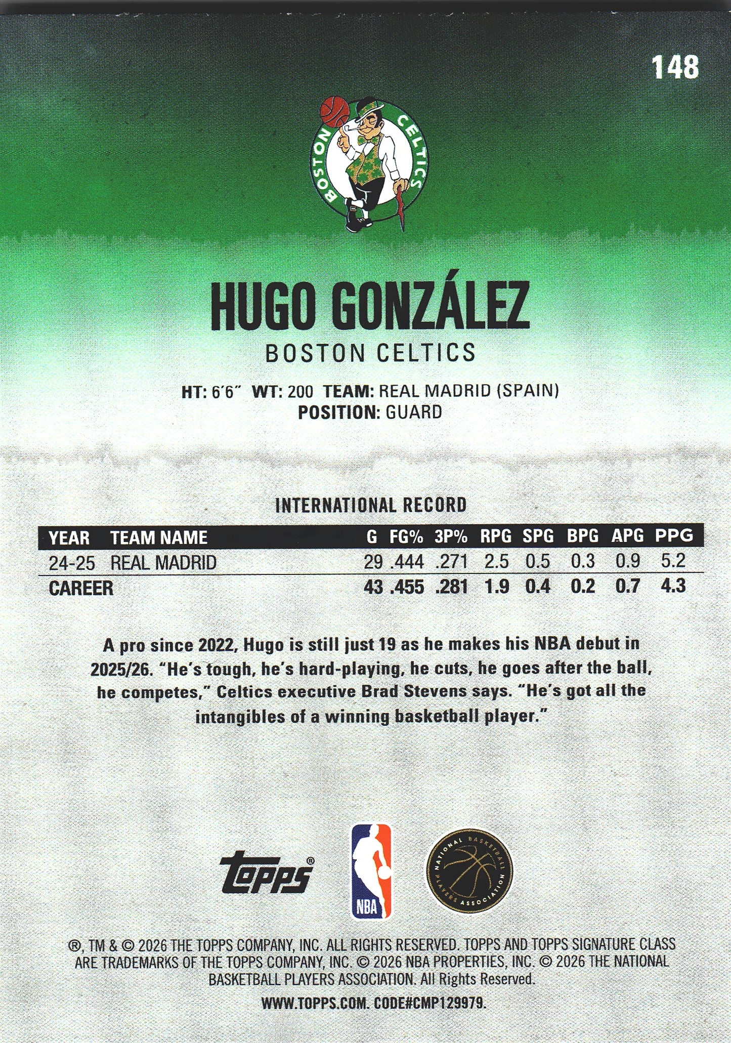 2025 Topps Signature Class Hugo González RC #148 Boston Celtics
