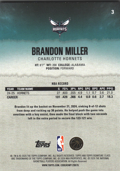 2025 Topps Signature Class Orange Brandon Miller #3 Charlotte Hornets