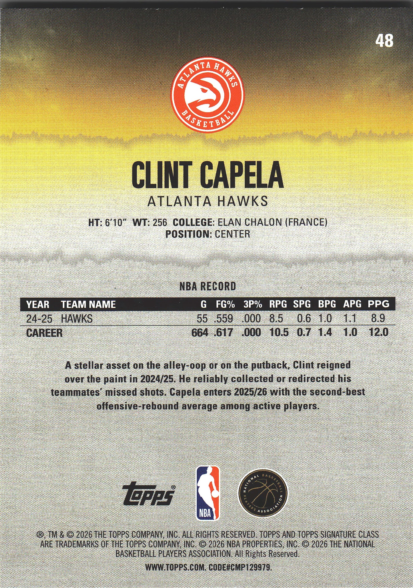 2025 Topps Signature Class Orange Clint Capela #48 Atlanta Hawks