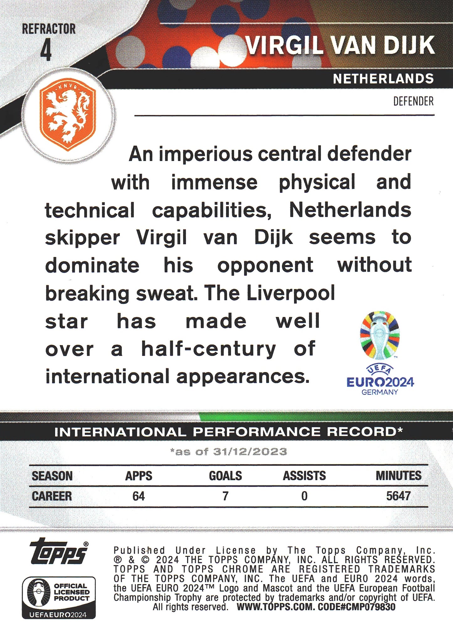 2024 Topps Chrome EURO Refractor Virgil van Dijk #4 Pays-Bas