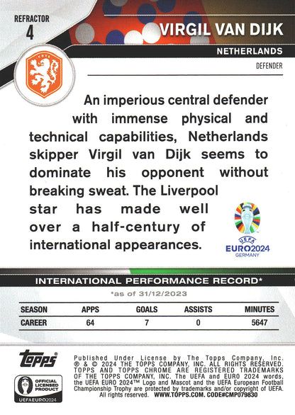 2024 Topps Chrome EURO Refractor Virgil van Dijk #4 Pays-Bas