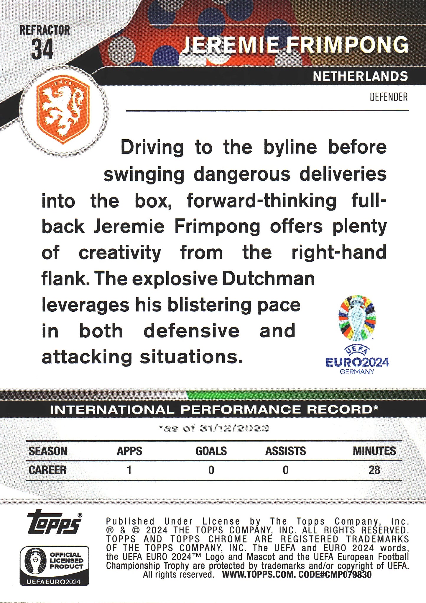 2024 Topps Chrome EURO Refractor Jeremie Frimpong RC #34 Pays-Bas