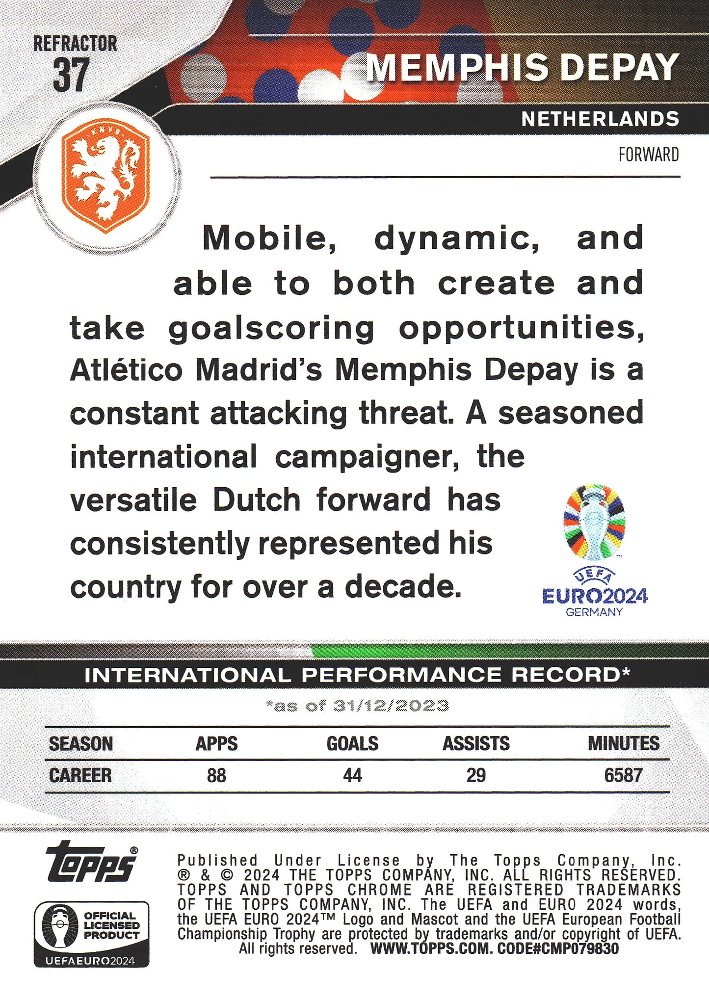 2024 Topps Chrome EURO Refractor Memphis Depay #37 Pays-Bas