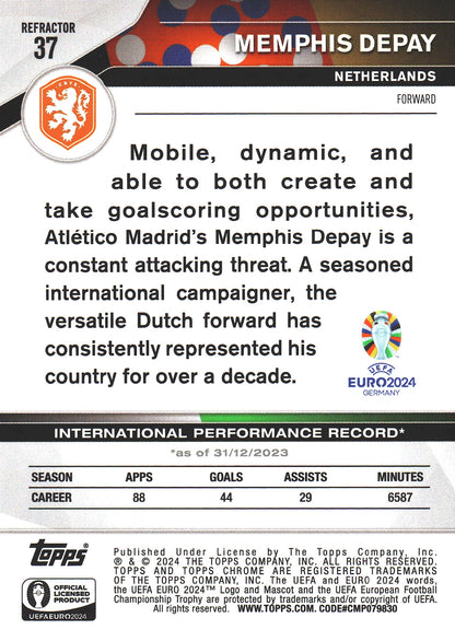 2024 Topps Chrome EURO Refractor Memphis Depay #37 Pays-Bas