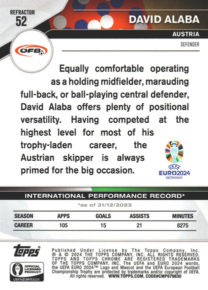 2024 Topps Chrome EURO Refractor David Alaba #52 Autriche