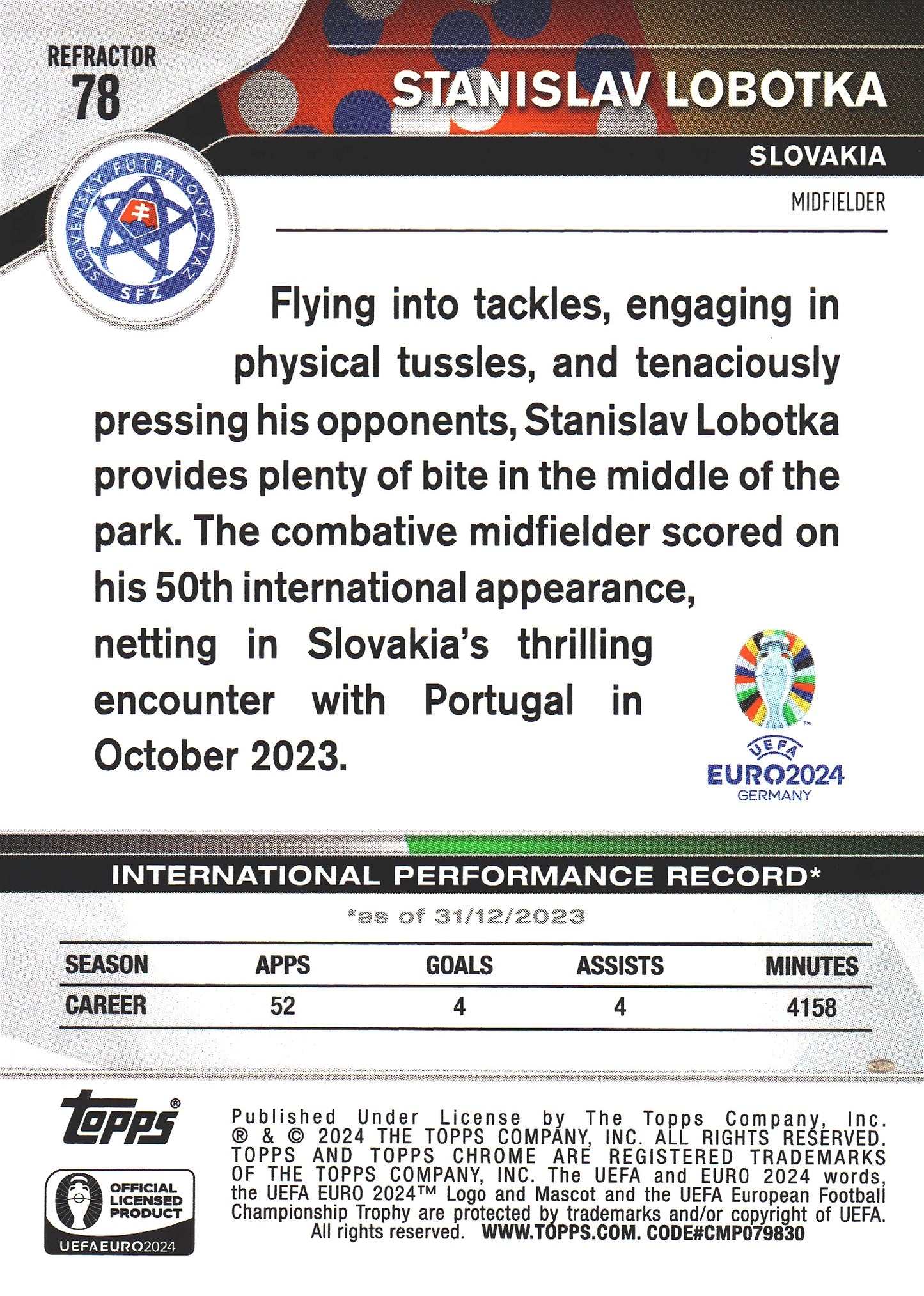 2024 Topps Chrome EURO Refractor Stanislav Lobotka #78 Slovaquie