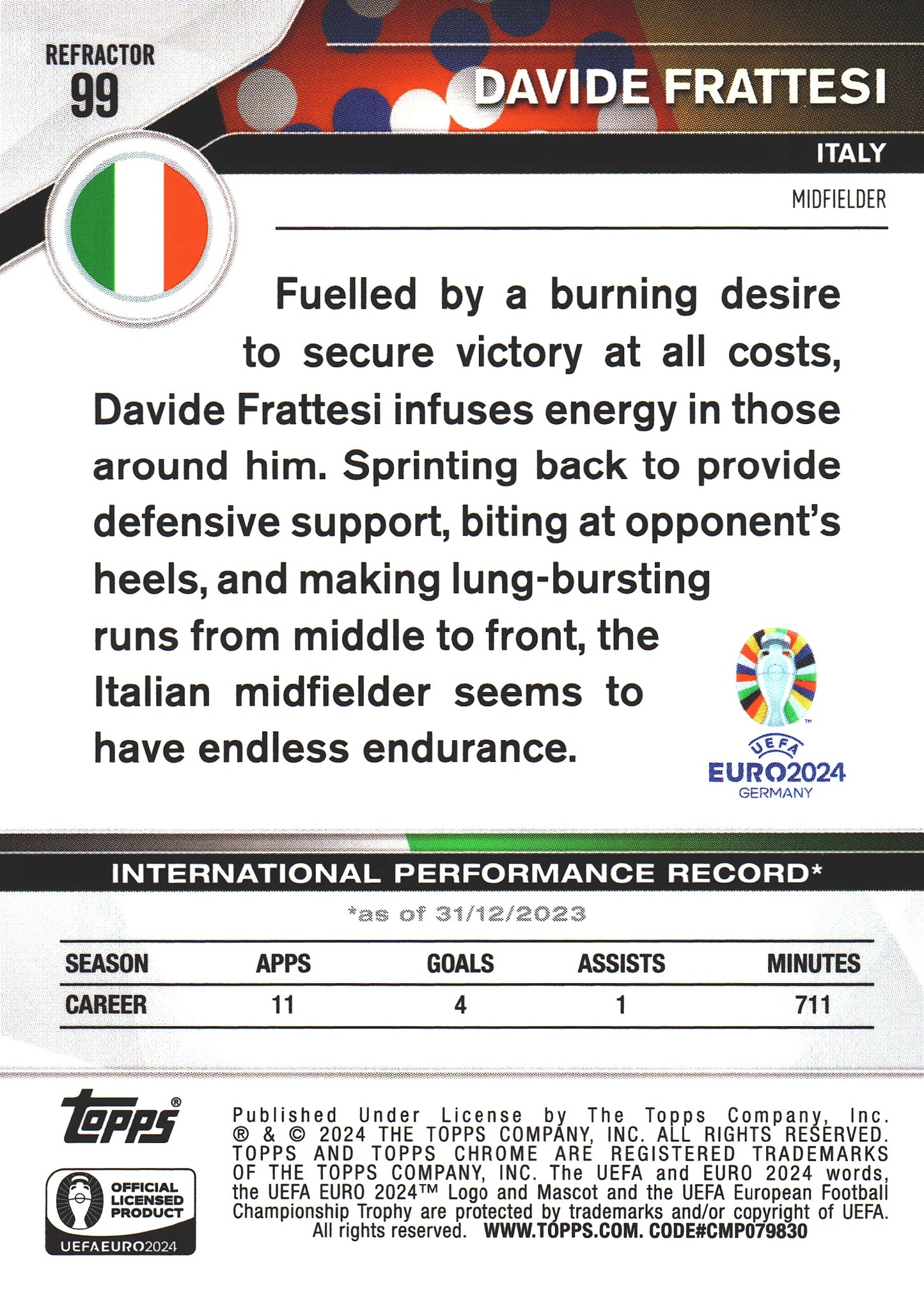 2024 Topps Chrome EURO Refractor Davide Frattesi #99 Italie