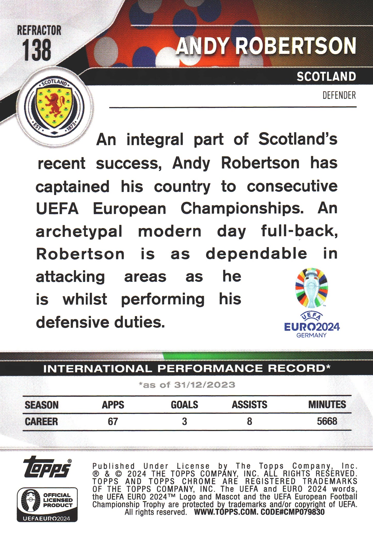 2024 Topps Chrome EURO Refractor Andy Robertson #138 Écosse