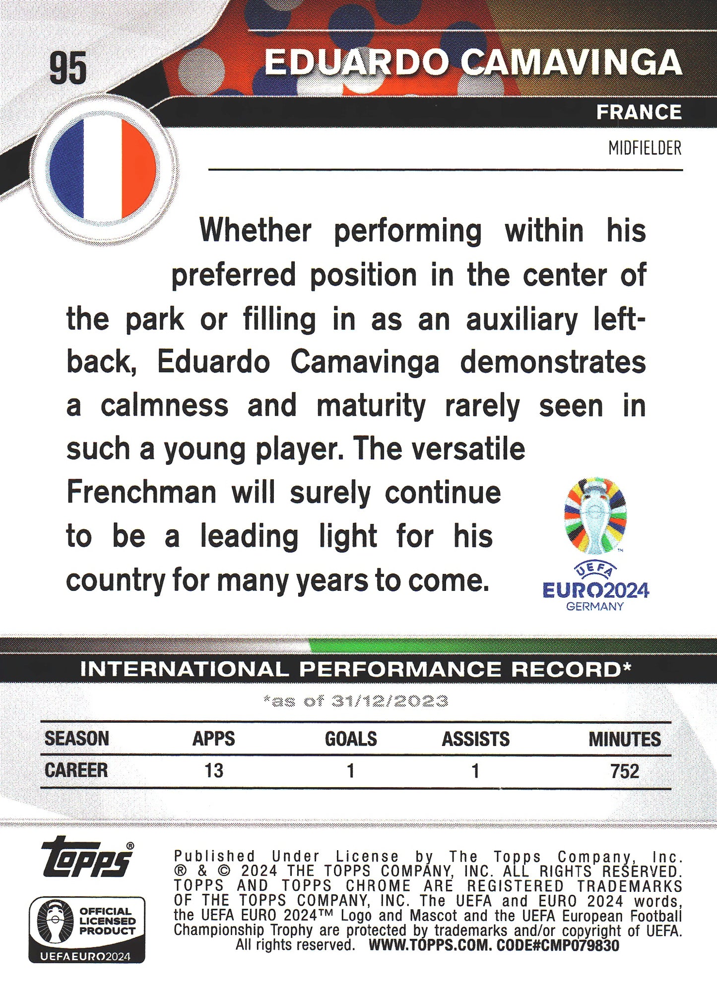 2024 Topps Chrome EURO Green Wave Eduardo Camavinga #95 France
