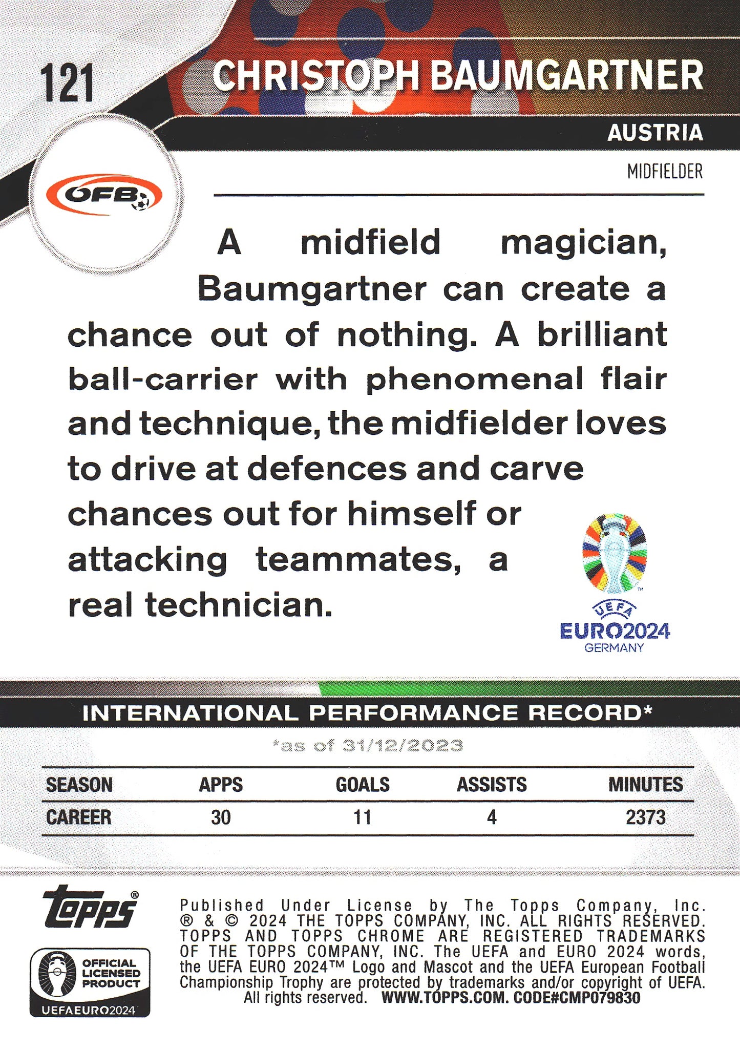 2024 Topps Chrome EURO Green Wave Christoph Baumgartner #121 Autriche