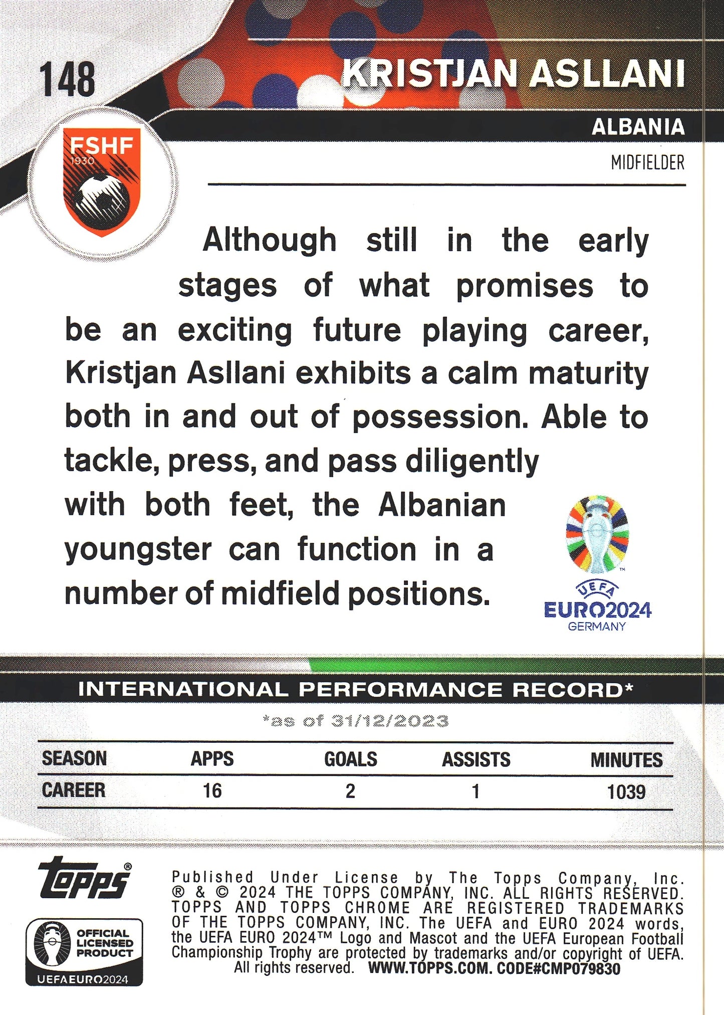 2024 Topps Chrome EURO Green Wave Kristjan Asllani #148 Albanie
