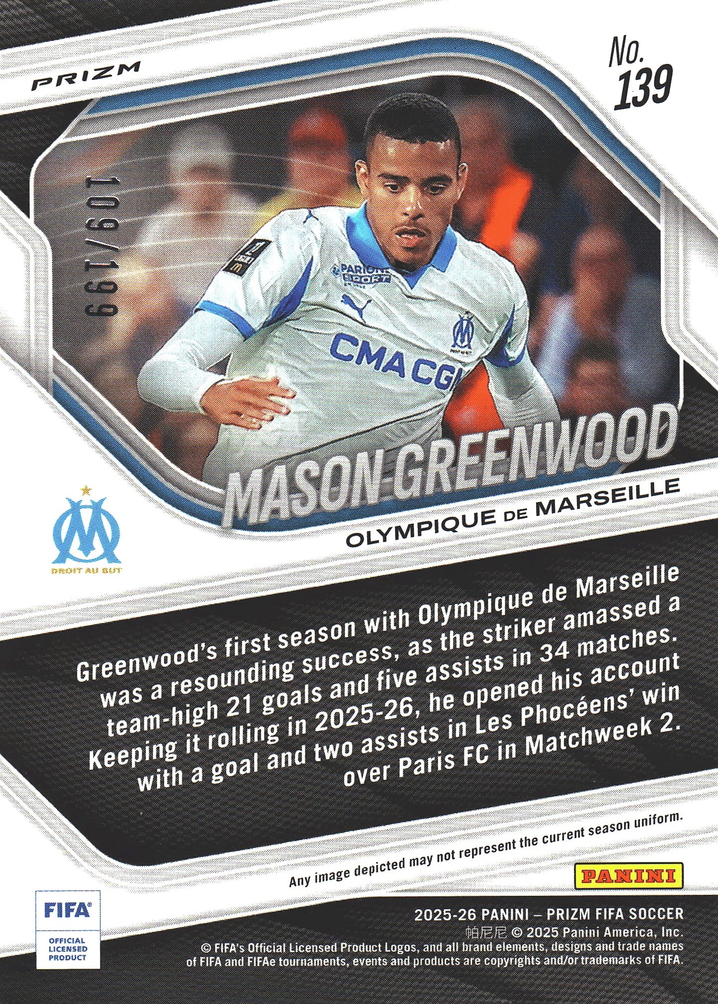 2025 Panini Prizm FIFA Blue /199 Mason Greenwood #139 Marseille